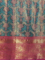 Thumbnail for Turquoise Brocade Zari Woven Floral Saree with Unstitched Blouse - Hiral Fashion - Distacart