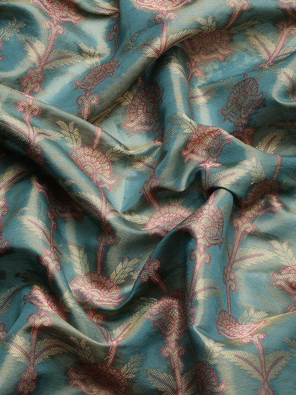 Turquoise Brocade Zari Woven Floral Saree with Unstitched Blouse - Hiral Fashion - Distacart