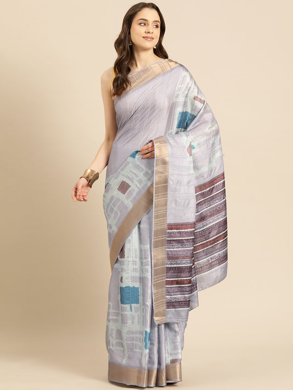 Lavender Silk Blend Printed Geomatric Saree with Unstitched Blouse - Hiral Fashion - Distacart