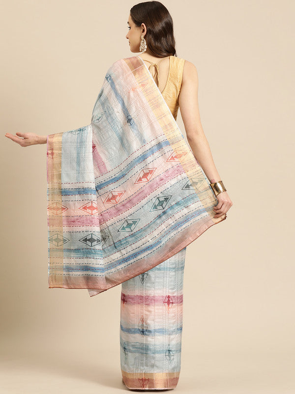 Multicolor Silk Blend Printed Geomatric Saree with Unstitched Blouse - Hiral Fashion - Distacart