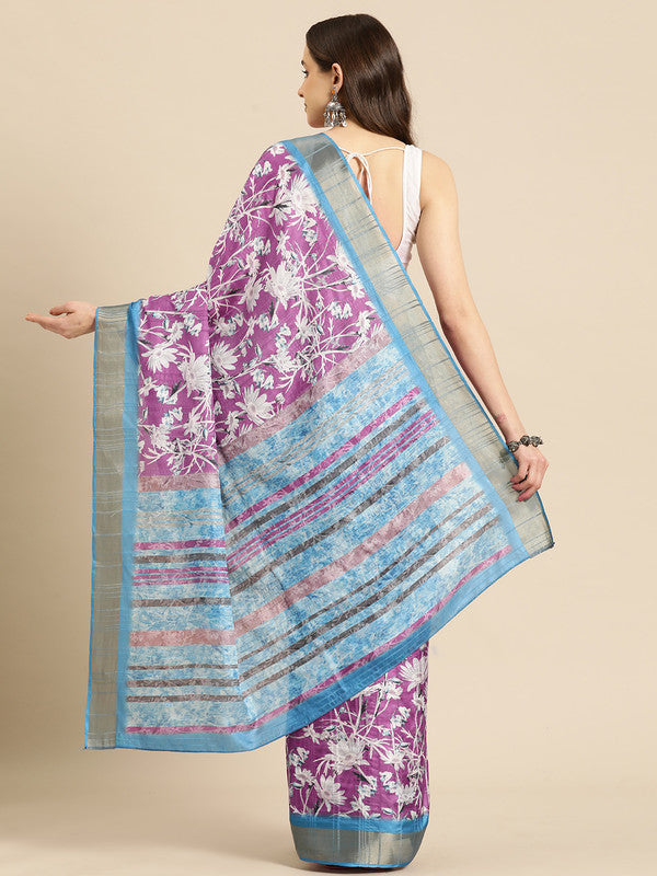 Purple Silk Blend Digital Print Floral Saree with Unstitched Blouse - Hiral Fashion - Distacart