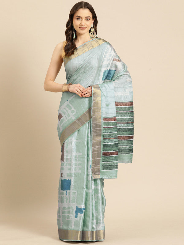 Turquoise Silk Blend Printed Geomatric Saree with Unstitched Blouse - Hiral Fashion - Distacart