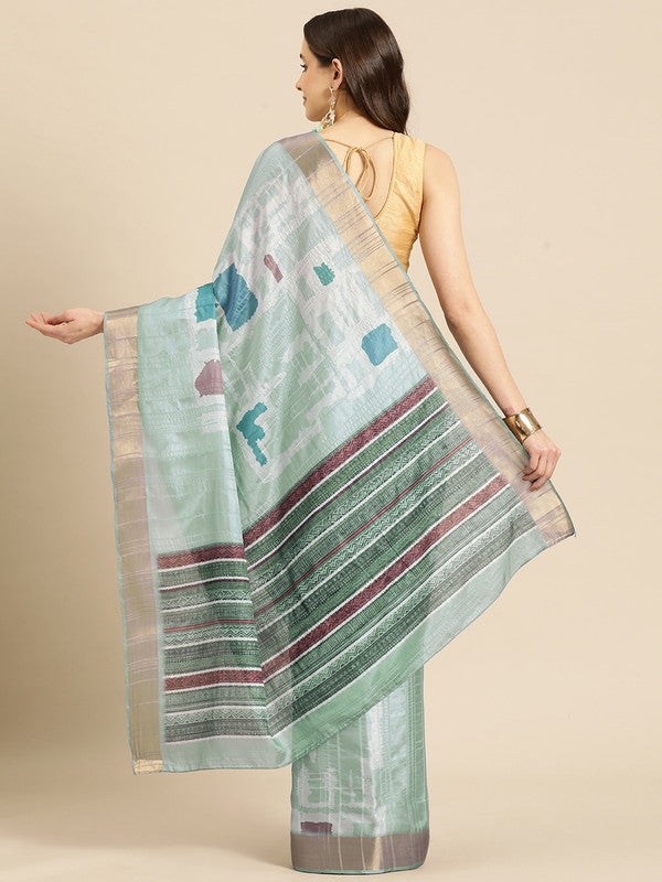 Turquoise Silk Blend Printed Geomatric Saree with Unstitched Blouse - Hiral Fashion - Distacart
