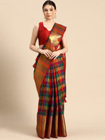 Thumbnail for Multicolor Kanjeevaram Silk ColorBlock Checked Saree with Unstitched Blouse - Hiral Fashion - Distacart