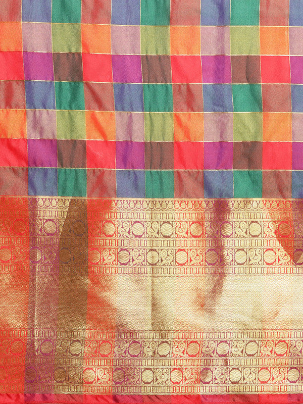 Multicolor Kanjeevaram Silk ColorBlock Checked Saree with Unstitched Blouse - Hiral Fashion - Distacart