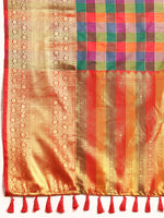 Thumbnail for Multicolor Kanjeevaram Silk ColorBlock Checked Saree with Unstitched Blouse - Hiral Fashion - Distacart