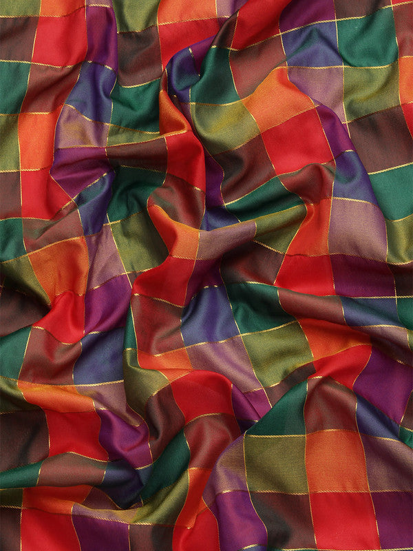 Multicolor Kanjeevaram Silk ColorBlock Checked Saree with Unstitched Blouse - Hiral Fashion - Distacart