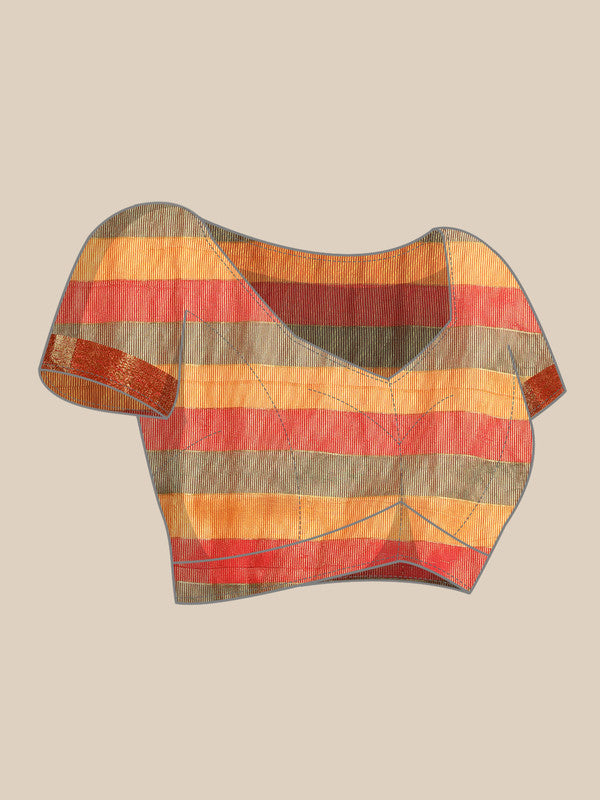 Multicolor Kanjeevaram Silk ColorBlock Checked Saree with Unstitched Blouse - Hiral Fashion - Distacart