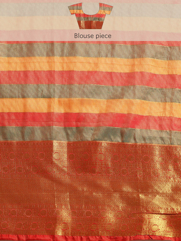 Multicolor Kanjeevaram Silk ColorBlock Checked Saree with Unstitched Blouse - Hiral Fashion - Distacart