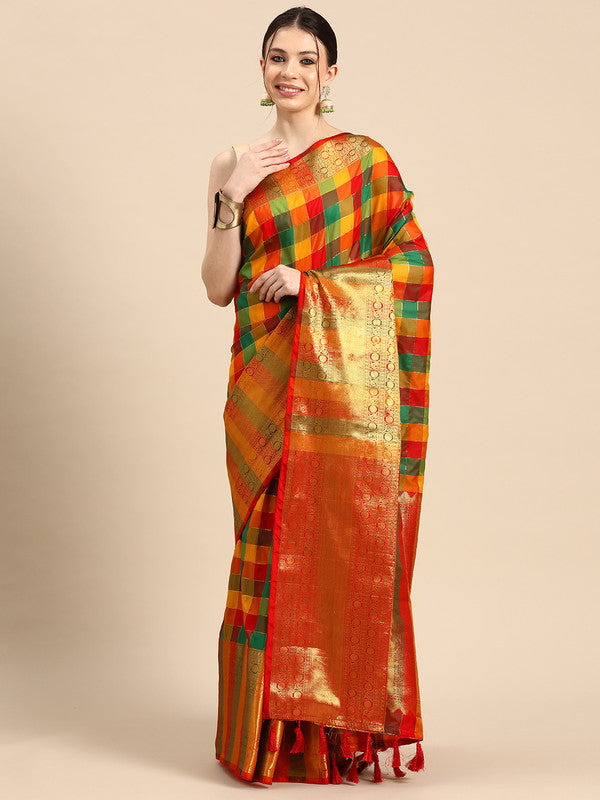 Multicolor Kanjeevaram Silk ColorBlock Checked Saree with Unstitched Blouse - Hiral Fashion - Distacart