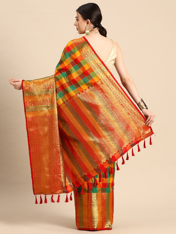 Multicolor Kanjeevaram Silk ColorBlock Checked Saree with Unstitched Blouse - Hiral Fashion - Distacart