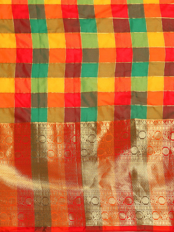 Multicolor Kanjeevaram Silk ColorBlock Checked Saree with Unstitched Blouse - Hiral Fashion - Distacart