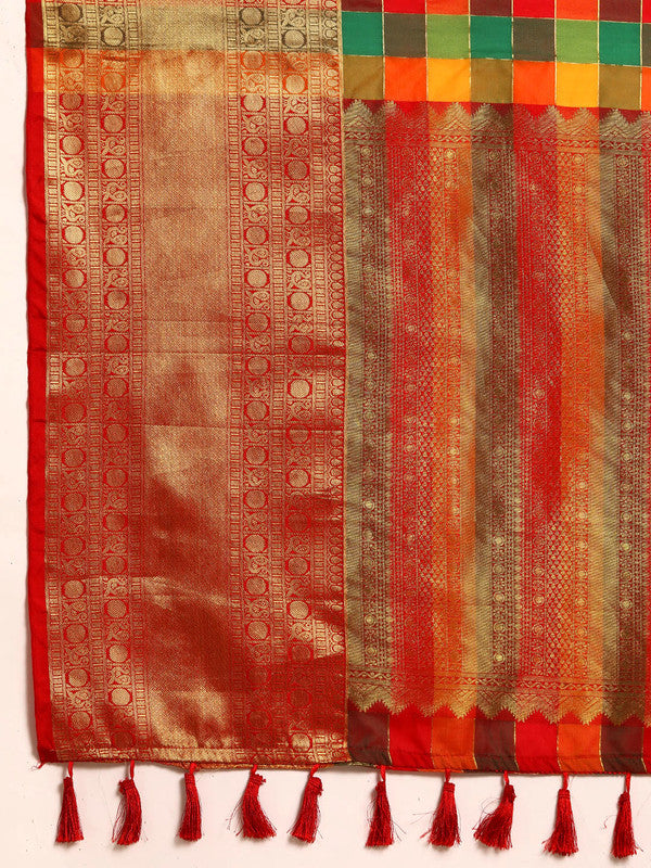 Multicolor Kanjeevaram Silk ColorBlock Checked Saree with Unstitched Blouse - Hiral Fashion - Distacart