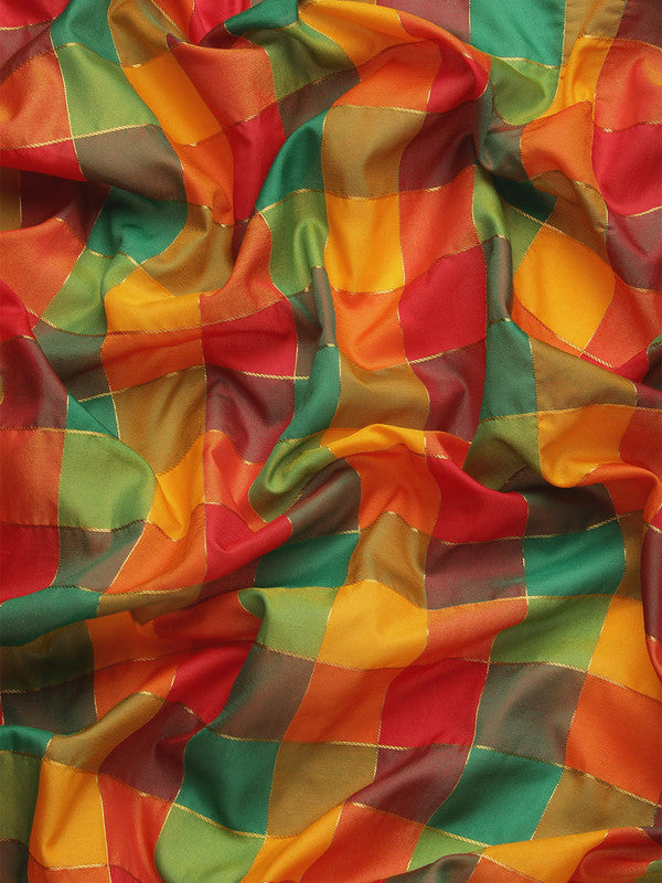 Multicolor Kanjeevaram Silk ColorBlock Checked Saree with Unstitched Blouse - Hiral Fashion - Distacart