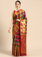 Thumbnail for Multicolor Kanjeevaram Silk ColorBlock Checked Saree with Unstitched Blouse - Hiral Fashion - Distacart