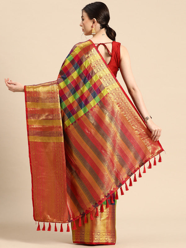 Multicolor Kanjeevaram Silk ColorBlock Checked Saree with Unstitched Blouse - Hiral Fashion - Distacart