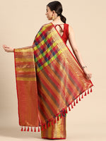 Thumbnail for Multicolor Kanjeevaram Silk ColorBlock Checked Saree with Unstitched Blouse - Hiral Fashion - Distacart