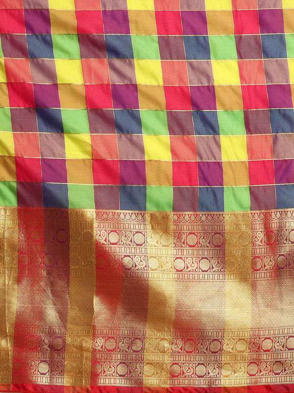 Multicolor Kanjeevaram Silk ColorBlock Checked Saree with Unstitched Blouse - Hiral Fashion - Distacart