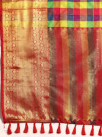 Thumbnail for Multicolor Kanjeevaram Silk ColorBlock Checked Saree with Unstitched Blouse - Hiral Fashion - Distacart