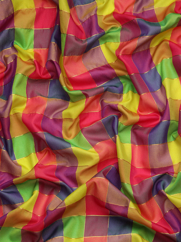 Multicolor Kanjeevaram Silk ColorBlock Checked Saree with Unstitched Blouse - Hiral Fashion - Distacart