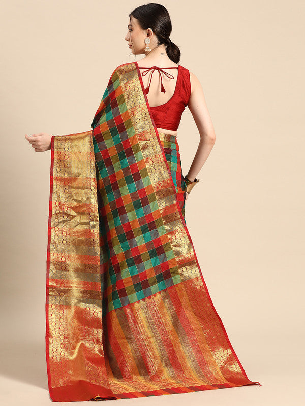 Multicolor Kanjeevaram Silk ColorBlock Checked Saree with Unstitched Blouse - Hiral Fashion - Distacart