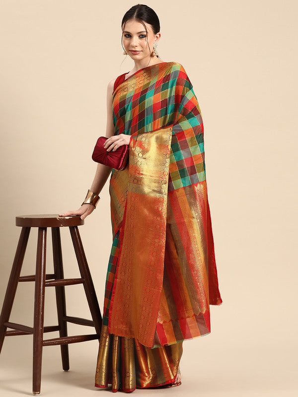 Multicolor Kanjeevaram Silk ColorBlock Checked Saree with Unstitched Blouse - Hiral Fashion - Distacart