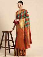 Thumbnail for Multicolor Kanjeevaram Silk ColorBlock Checked Saree with Unstitched Blouse - Hiral Fashion - Distacart