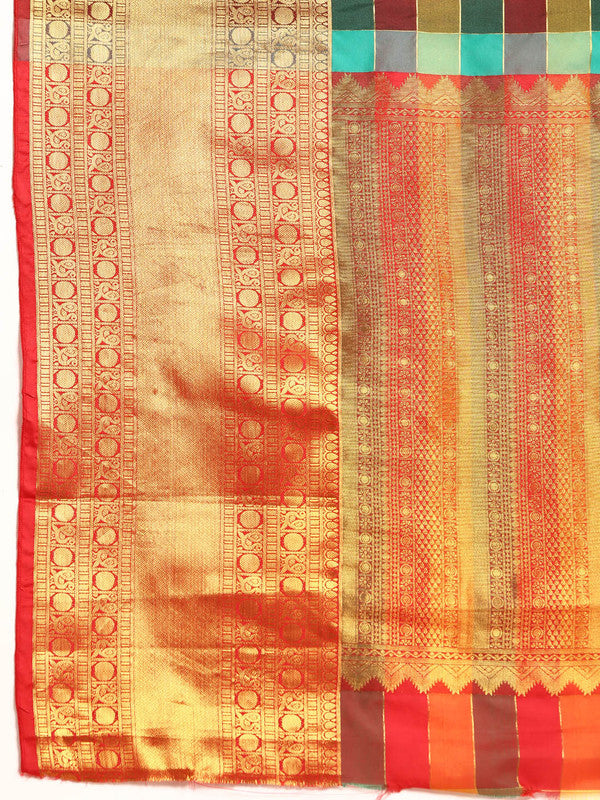 Multicolor Kanjeevaram Silk ColorBlock Checked Saree with Unstitched Blouse - Hiral Fashion - Distacart