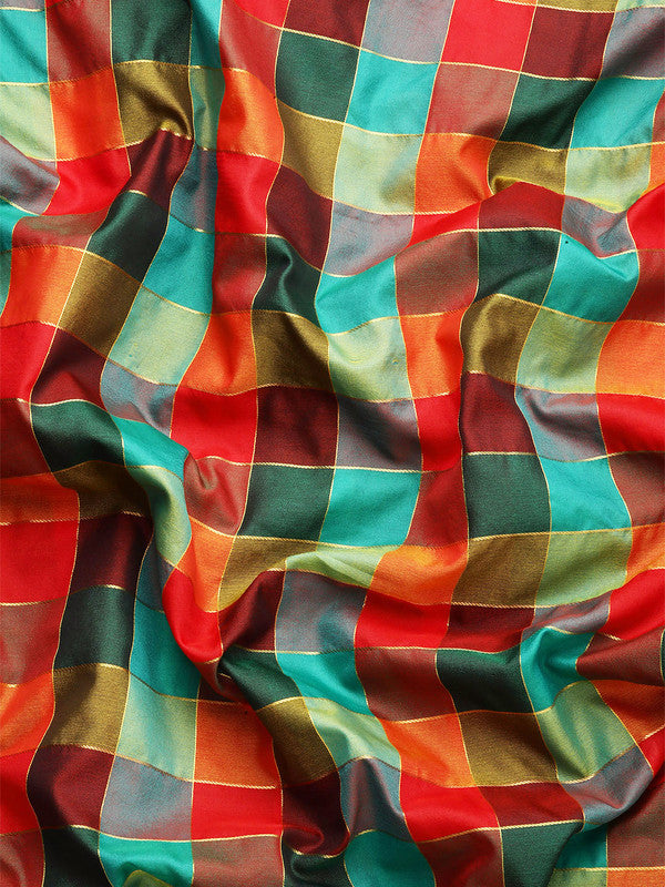 Multicolor Kanjeevaram Silk ColorBlock Checked Saree with Unstitched Blouse - Hiral Fashion - Distacart