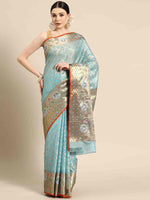 Thumbnail for Blue Tissue Silk Woven Zari Design Geomatric Saree with Unstitched Blouse - Hiral Fashion - Distacart