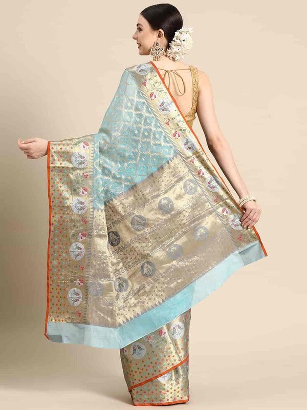 Blue Tissue Silk Woven Zari Design Geomatric Saree with Unstitched Blouse - Hiral Fashion - Distacart