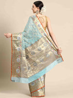 Thumbnail for Blue Tissue Silk Woven Zari Design Geomatric Saree with Unstitched Blouse - Hiral Fashion - Distacart