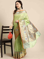 Thumbnail for Green Tissue Silk Woven Zari Design Geomatric Saree with Unstitched Blouse - Hiral Fashion - Distacart