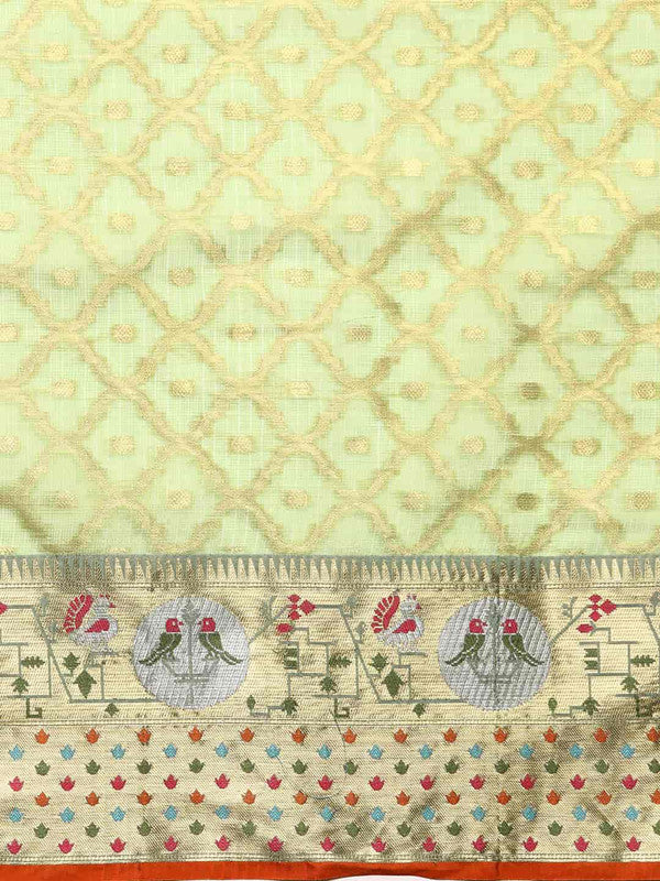 Green Tissue Silk Woven Zari Design Geomatric Saree with Unstitched Blouse - Hiral Fashion - Distacart