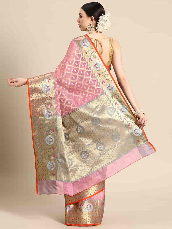 Pink Tissue Silk Woven Zari Design Geomatric Saree with Unstitched Blouse - Hiral Fashion - Distacart