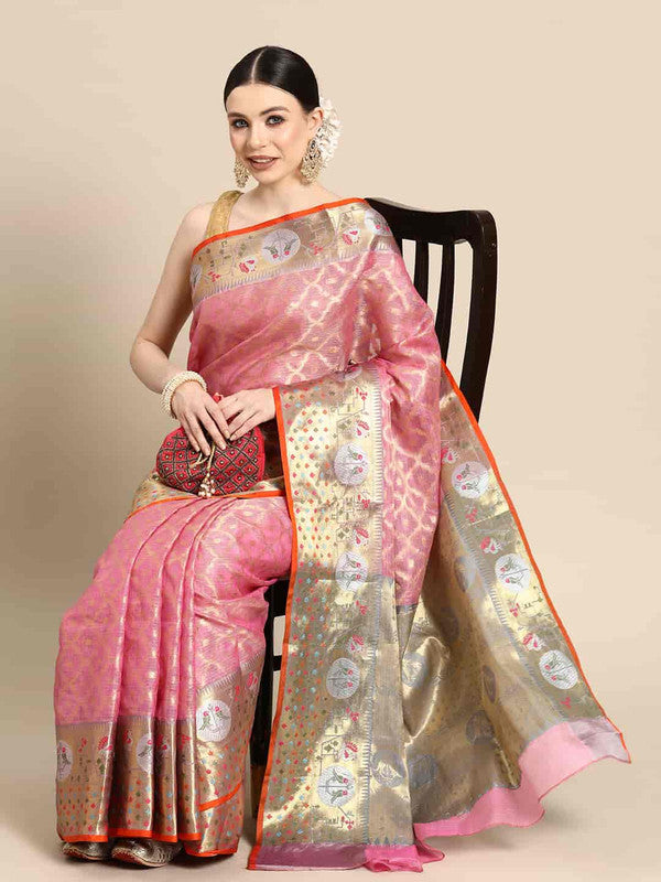 Pink Tissue Silk Woven Zari Design Geomatric Saree with Unstitched Blouse - Hiral Fashion - Distacart