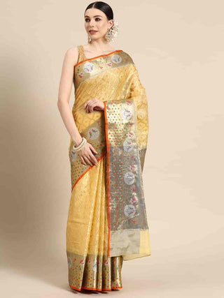 Yellow Tissue Silk Woven Zari Design Geomatric Saree with Unstitched Blouse - Hiral Fashion - Distacart