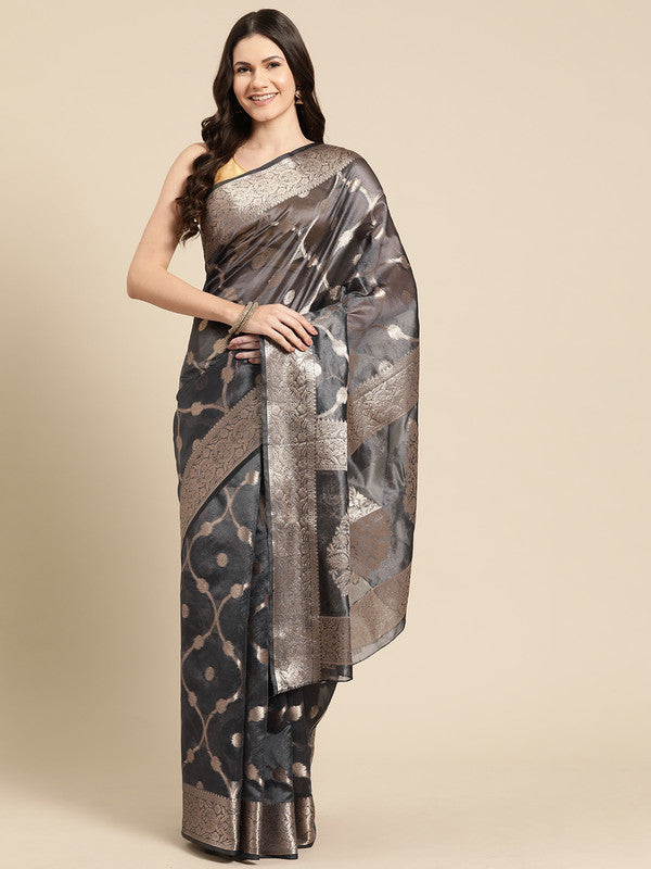 Black Organza Silk Woven Zari Design Floral Saree with Unstitched Blouse - Hiral Fashion - Distacart