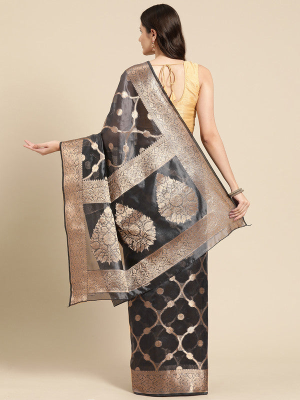Black Organza Silk Woven Zari Design Floral Saree with Unstitched Blouse - Hiral Fashion - Distacart