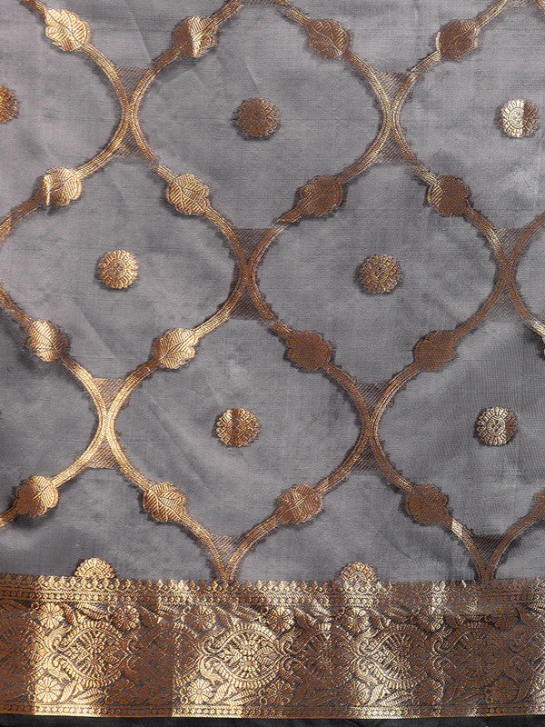 Black Organza Silk Woven Zari Design Floral Saree with Unstitched Blouse - Hiral Fashion - Distacart