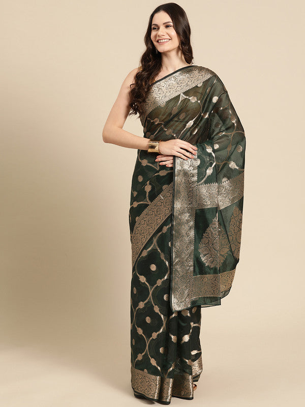 Green Organza Silk Woven Zari Design Floral Saree with Unstitched Blouse - Hiral Fashion - Distacart