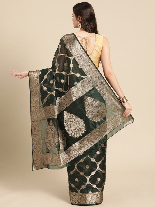 Green Organza Silk Woven Zari Design Floral Saree with Unstitched Blouse - Hiral Fashion - Distacart