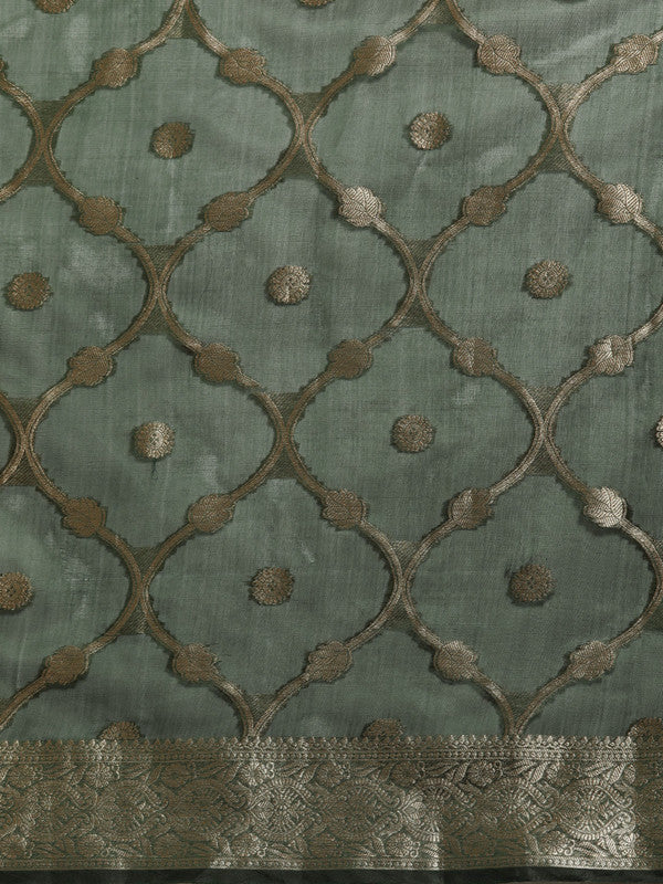 Green Organza Silk Woven Zari Design Floral Saree with Unstitched Blouse - Hiral Fashion - Distacart