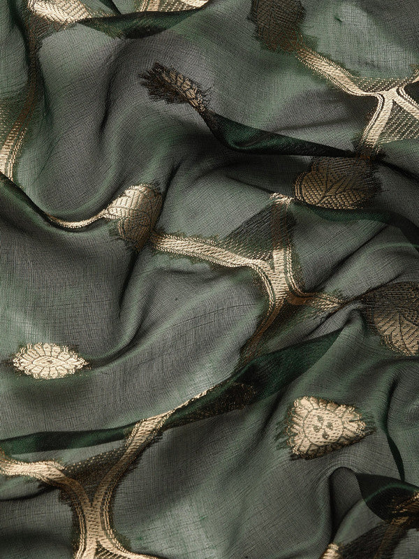 Green Organza Silk Woven Zari Design Floral Saree with Unstitched Blouse - Hiral Fashion - Distacart