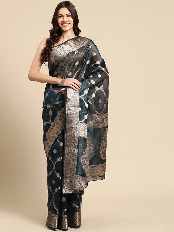 Turquoise Organza Silk Woven Zari Design Floral Saree with Unstitched Blouse - Hiral Fashion - Distacart