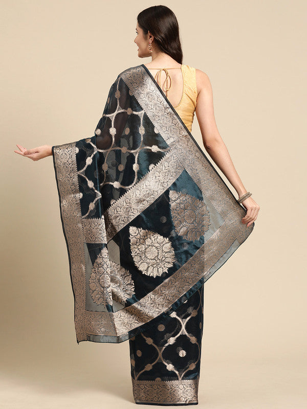 Turquoise Organza Silk Woven Zari Design Floral Saree with Unstitched Blouse - Hiral Fashion - Distacart