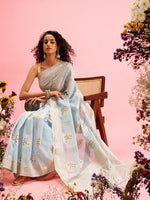 Thumbnail for Blue Linen Woven Thread Floral Saree with Unstitched Blouse - Hiral Fashion - Distacart