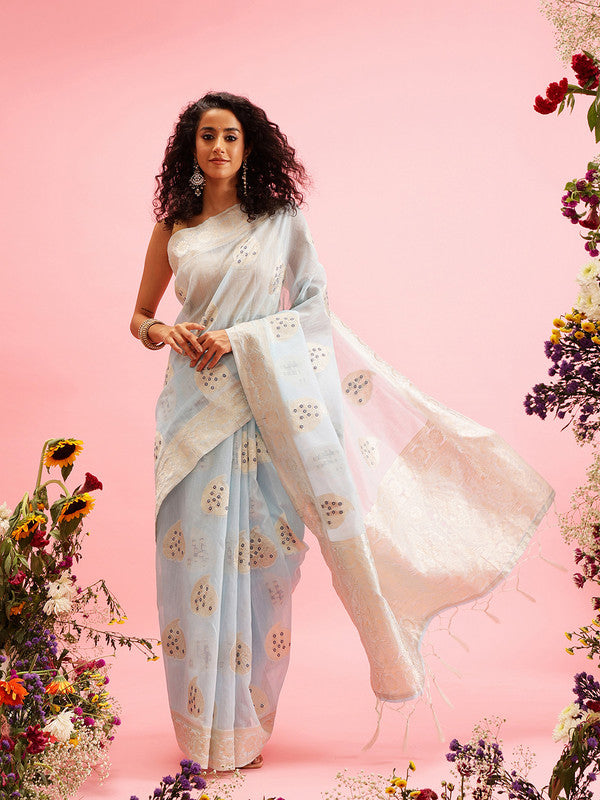 Blue Linen Woven Thread Floral Saree with Unstitched Blouse - Hiral Fashion - Distacart
