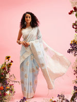 Thumbnail for Blue Linen Woven Thread Floral Saree with Unstitched Blouse - Hiral Fashion - Distacart