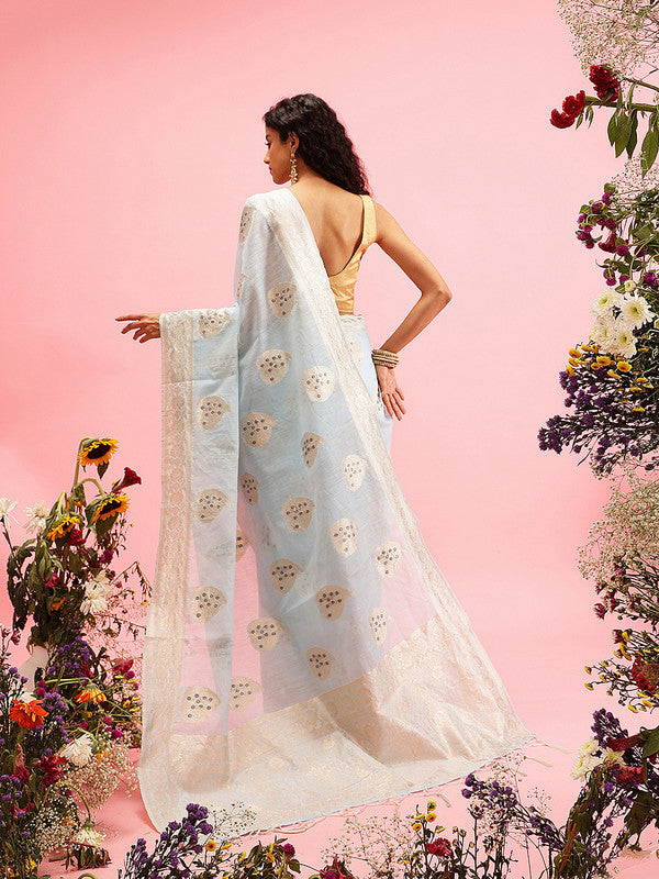 Blue Linen Woven Thread Floral Saree with Unstitched Blouse - Hiral Fashion - Distacart